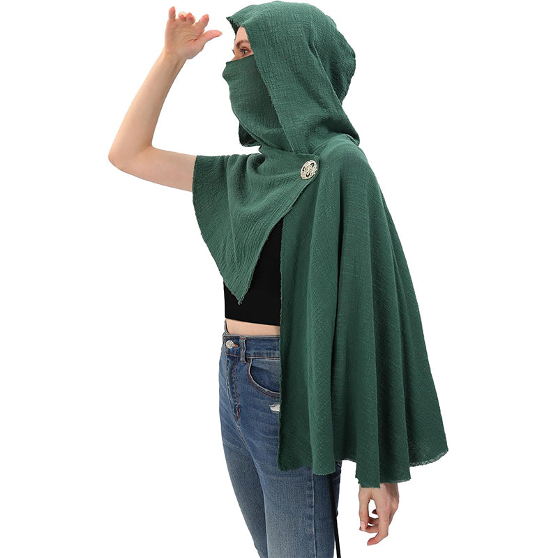 Medieval Hooded Shawl Scarf Renaissance Post Apocalyptic Cowl Hood Cloak With Face Cover Brooch Costume Accessories