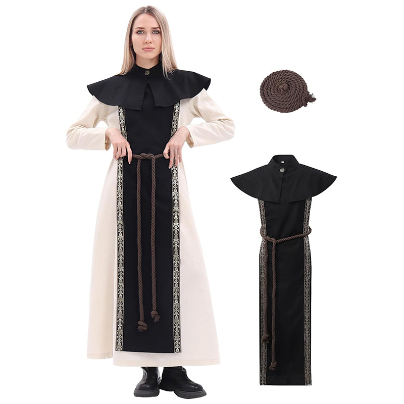 Medieval Open Side Tunic Cowl Renaissance LARP Ren Faire Short Cape Nun Robe With Shawl Cape And Rope Belt Cosplay Costume Outfit