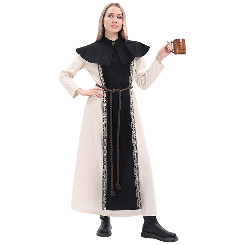 Medieval Open Side Tunic Cowl Renaissance LARP Ren Faire Short Cape Nun Robe With Shawl Cape And Rope Belt Cosplay Costume Outfit