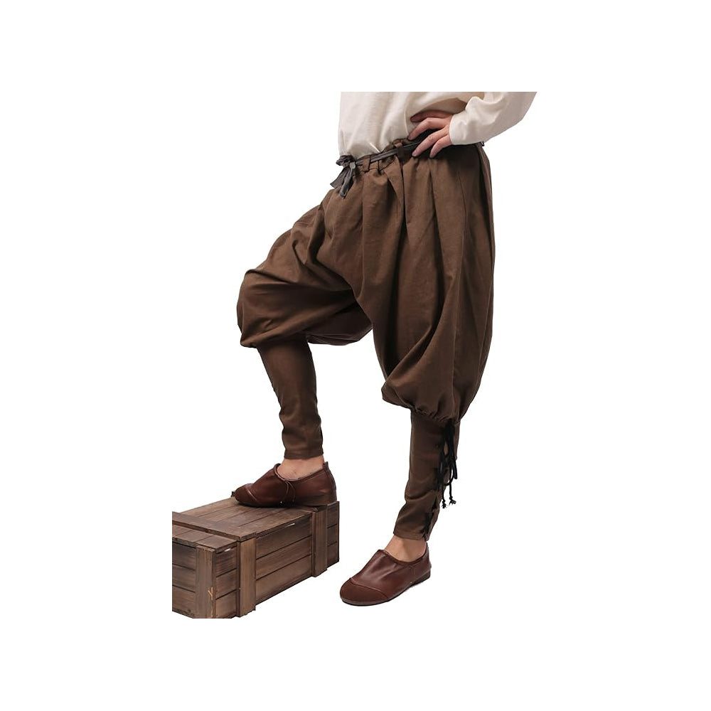 Medieval Pirate Retro Ankle Banded Pants for Men Linen Renaissance Navigator Pants Lace Up Bottoms