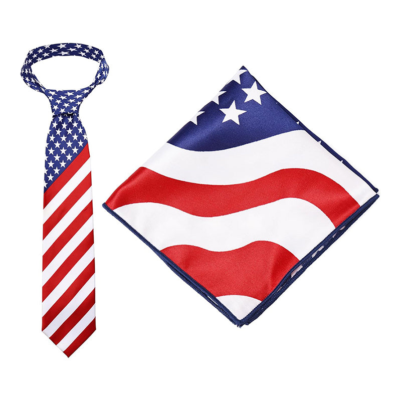 Men American Flag Square Necktie Bowtie Pokect Stars Stripes Patriotic Tie For USA Independence Day Costume Accessories