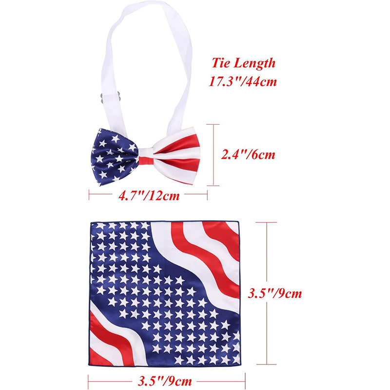 Men American Flag Square Necktie Bowtie Pokect Stars Stripes Patriotic Tie For USA Independence Day Costume Accessories