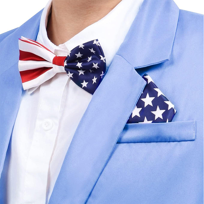 Men American Flag Square Necktie Bowtie Pokect Stars Stripes Patriotic Tie For USA Independence Day Costume Accessories