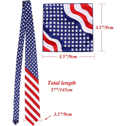 Men American Flag Square Necktie Bowtie Pokect Stars Stripes Patriotic Tie For USA Independence Day Costume Accessories