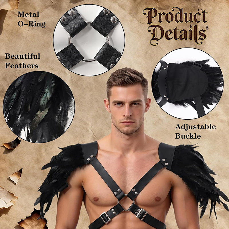 Men Gothic Shoulder Armor Harness With Double Feather Pauldron Poncho LARP Ren Faire Medieval Harness Guard Costume Accessories For Party Festival
