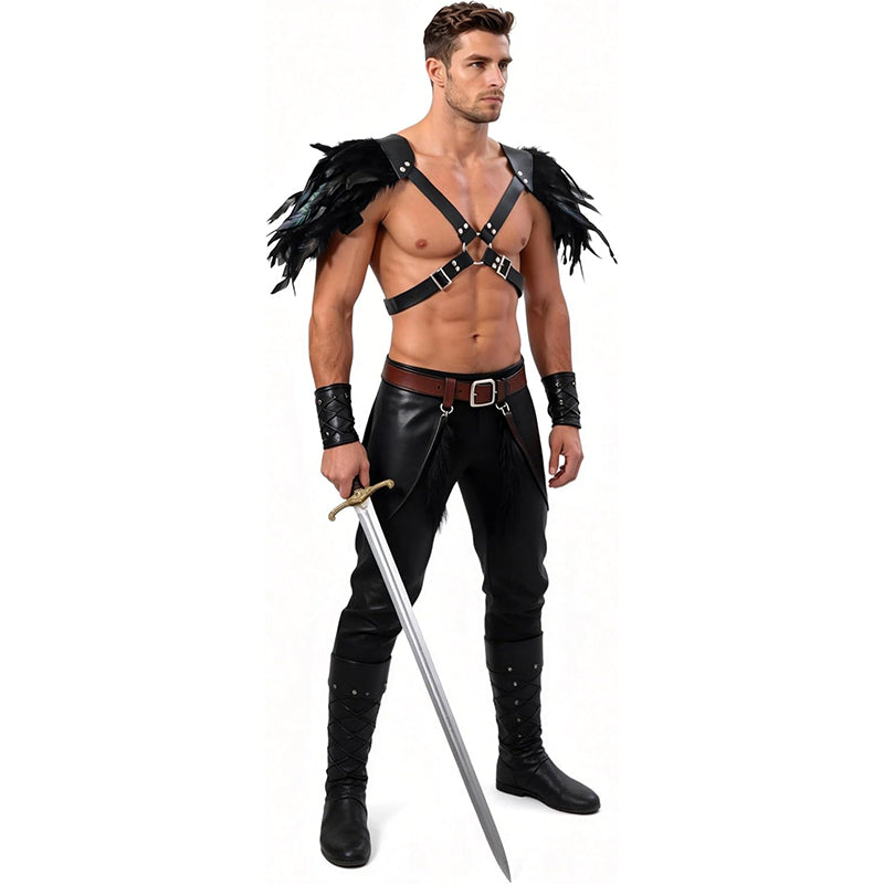 Men Gothic Shoulder Armor Harness With Double Feather Pauldron Poncho LARP Ren Faire Medieval Harness Guard Costume Accessories For Party Festival