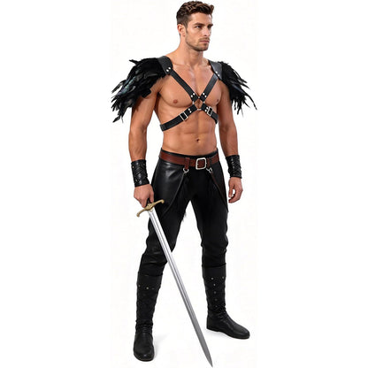 Men Gothic Shoulder Armor Harness With Double Feather Pauldron Poncho LARP Ren Faire Medieval Harness Guard Costume Accessories For Party Festival