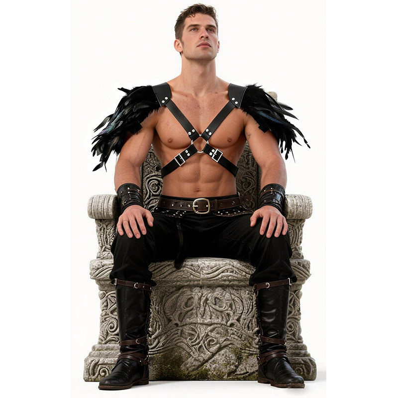 Men Gothic Shoulder Armor Harness With Double Feather Pauldron Poncho LARP Ren Faire Medieval Harness Guard Costume Accessories For Party Festival