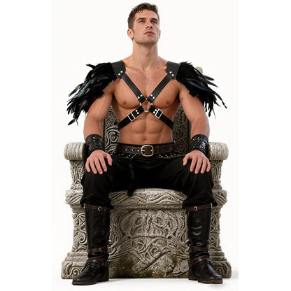 Men Gothic Shoulder Armor Harness With Double Feather Pauldron Poncho LARP Ren Faire Medieval Harness Guard Costume Accessories For Party Festival