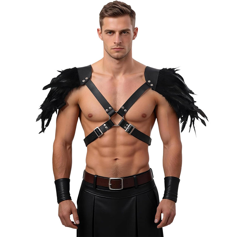 Men Gothic Shoulder Armor Harness With Double Feather Pauldron Poncho LARP Ren Faire Medieval Harness Guard Costume Accessories For Party Festival