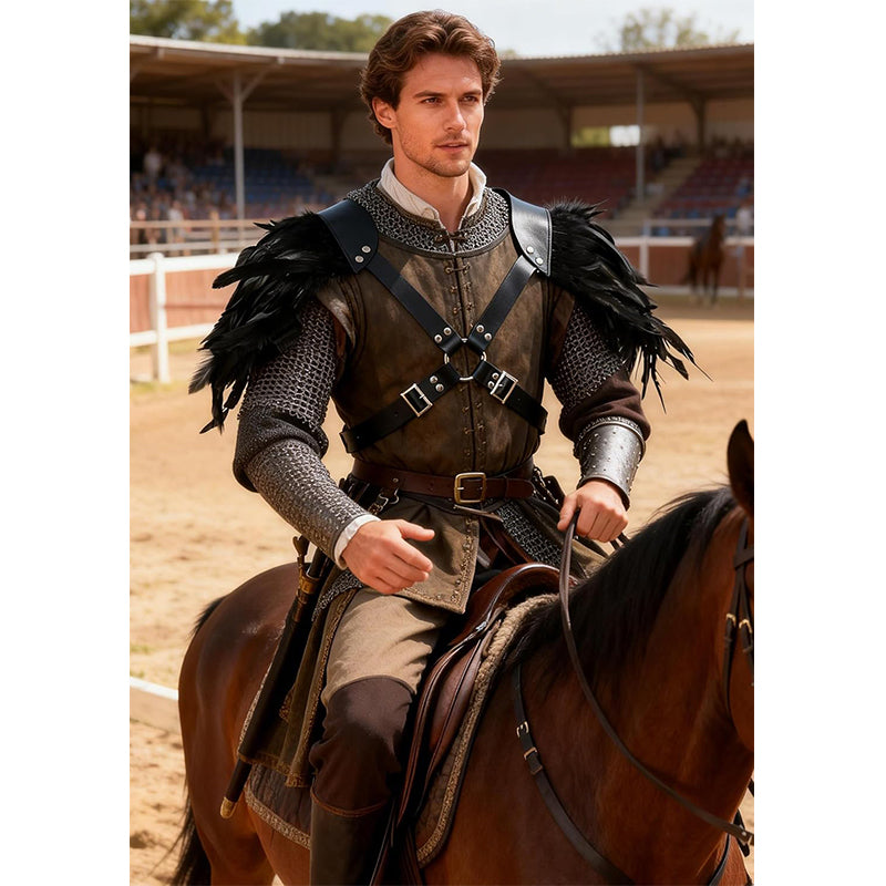 Men Gothic Shoulder Armor Harness With Double Feather Pauldron Poncho LARP Ren Faire Medieval Harness Guard Costume Accessories For Party Festival