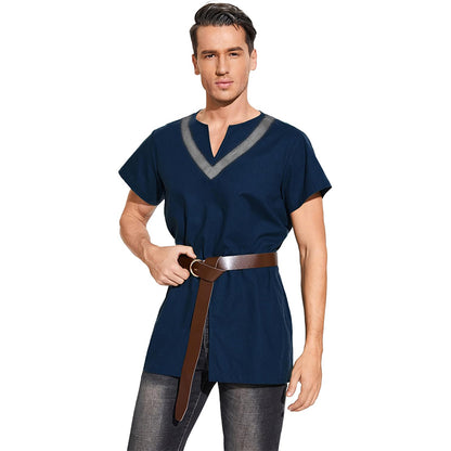 Men Medieval Tunic With Belt Short Sleeves Linen Undershirt Ren Fair LARP Pirate Shirt For Halloween Party Daily Wear