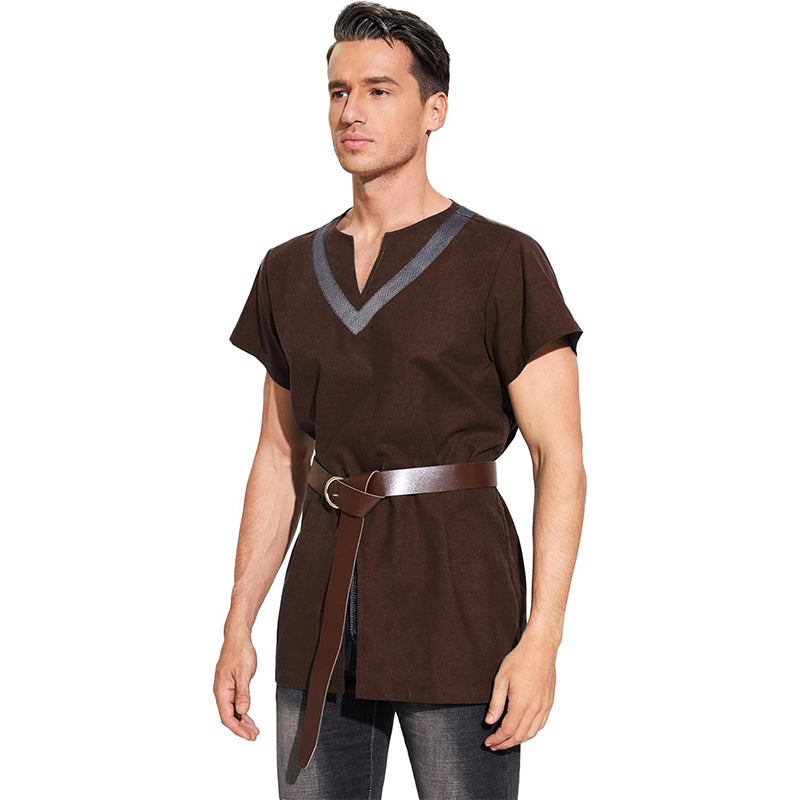 Men Medieval Tunic With Belt Short Sleeves Linen Undershirt Ren Fair LARP Pirate Shirt For Halloween Party Daily Wear