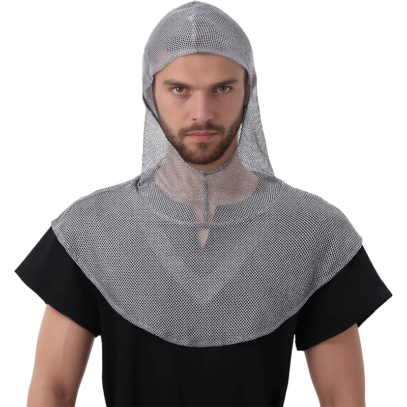 Men Medieval Faux Chain Mail Hooded Coif Armor Crusader Cowl Renaissance Chainmail LARP Faire Cosplay Costume Accessories