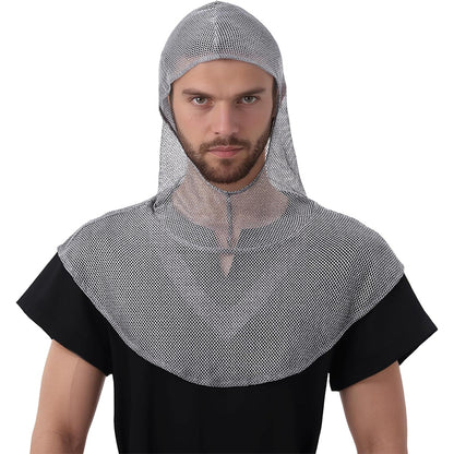 Men Medieval Faux Chain Mail Hooded Coif Armor Crusader Cowl Renaissance Chainmail LARP Faire Cosplay Costume Accessories