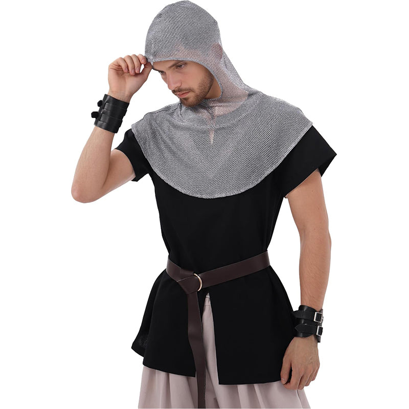 Men Medieval Faux Chain Mail Hooded Coif Armor Crusader Cowl Renaissance Chainmail LARP Faire Cosplay Costume Accessories
