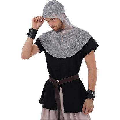 Men Medieval Faux Chain Mail Hooded Coif Armor Crusader Cowl Renaissance Chainmail LARP Faire Cosplay Costume Accessories
