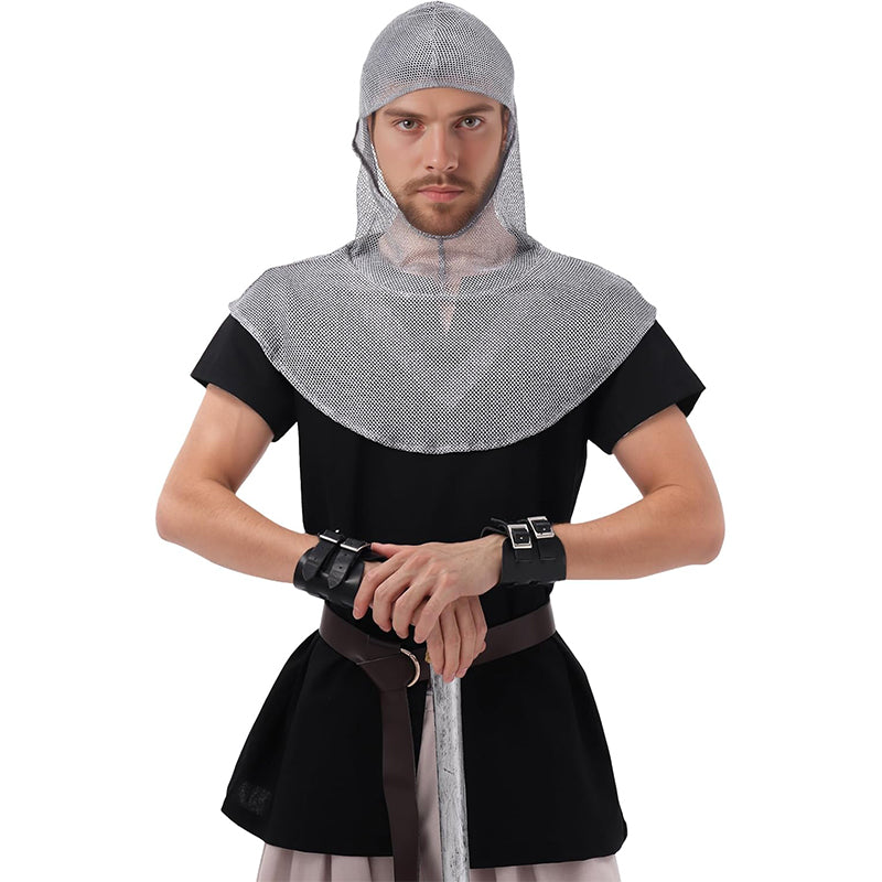 Men Medieval Faux Chain Mail Hooded Coif Armor Crusader Cowl Renaissance Chainmail LARP Faire Cosplay Costume Accessories