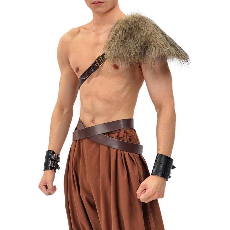 Men Medieval Faux Fur One Shoulder Wrap Armor Renaissance Half Shoulder Cape With Leather Harness Costume Accessories For Halloween Party