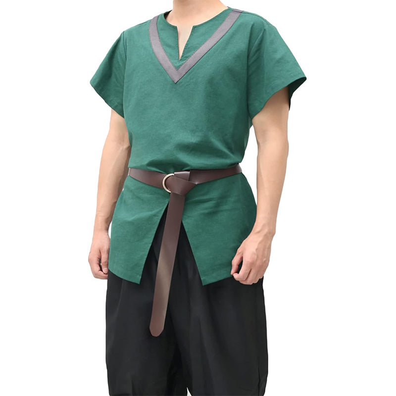 Men Medieval Tunic With Belt Short Sleeves Linen Undershirt Ren Fair LARP Pirate Shirt For Halloween Party Daily Wear