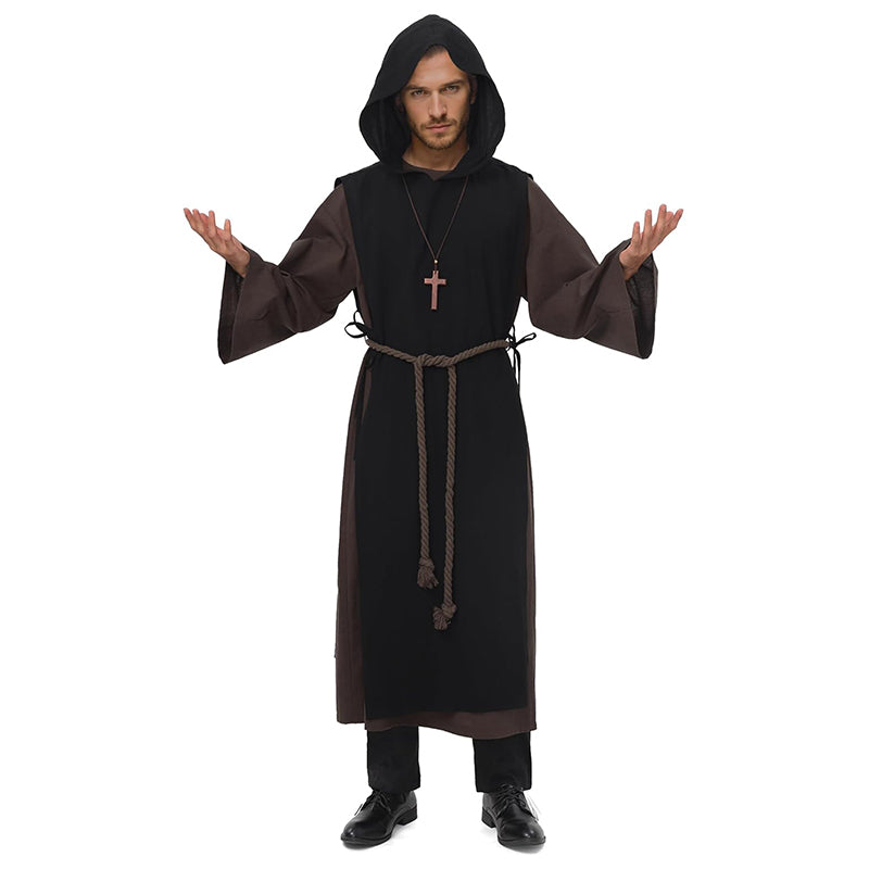 Men Medieval Monk Robe Renaissance Friar Priest Hooded Cloak With Belt Necklace Cosplay Costumes For Halloween Party