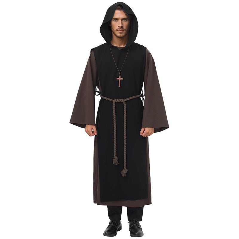 Men Medieval Monk Robe Renaissance Friar Priest Hooded Cloak With Belt Necklace Cosplay Costumes For Halloween Party
