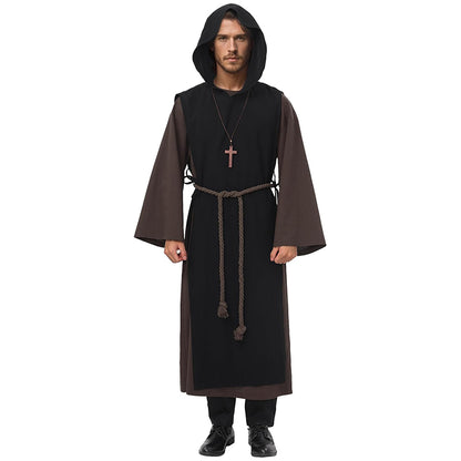 Men Medieval Monk Robe Renaissance Friar Priest Hooded Cloak With Belt Necklace Cosplay Costumes For Halloween Party