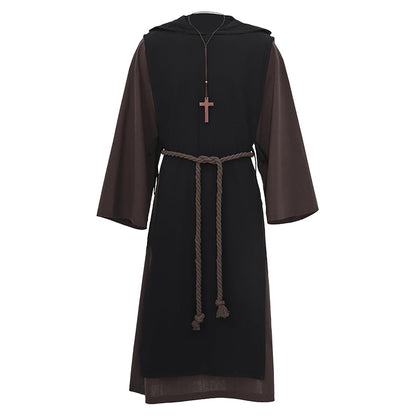 Men Medieval Monk Robe Renaissance Friar Priest Hooded Cloak With Belt Necklace Cosplay Costumes For Halloween Party