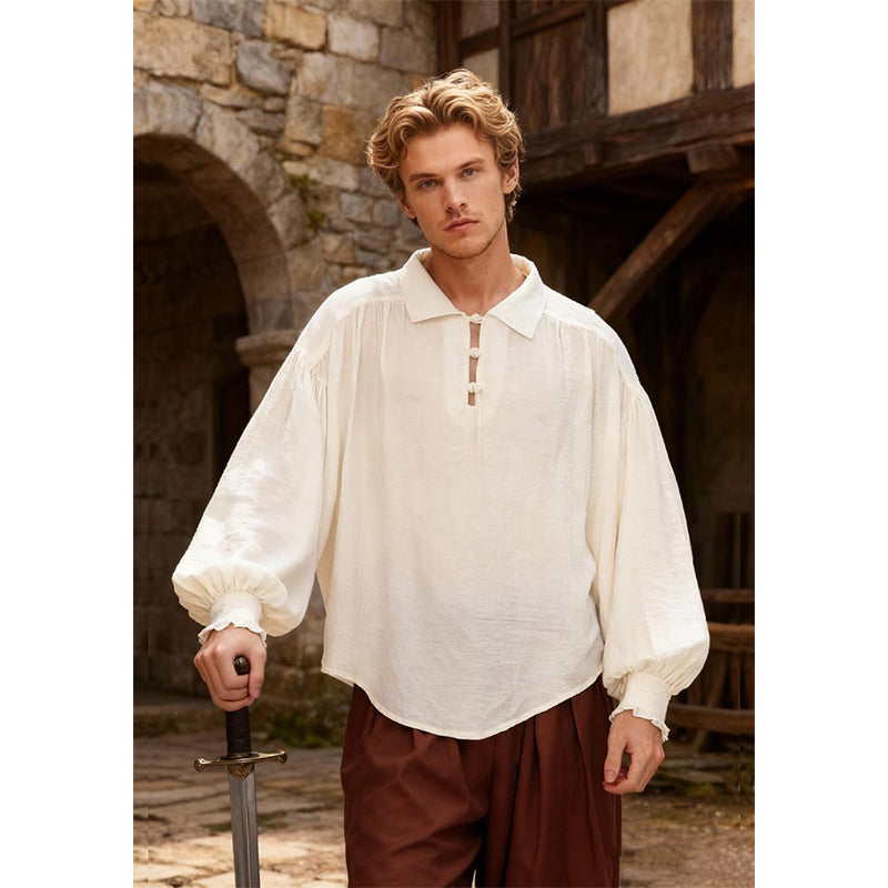 Men Medieval Renaissance Shirt V-Neck With Knot Button Long Sleeves Shirt Pirate Viking Costume Shirts For Festival Daily Wear