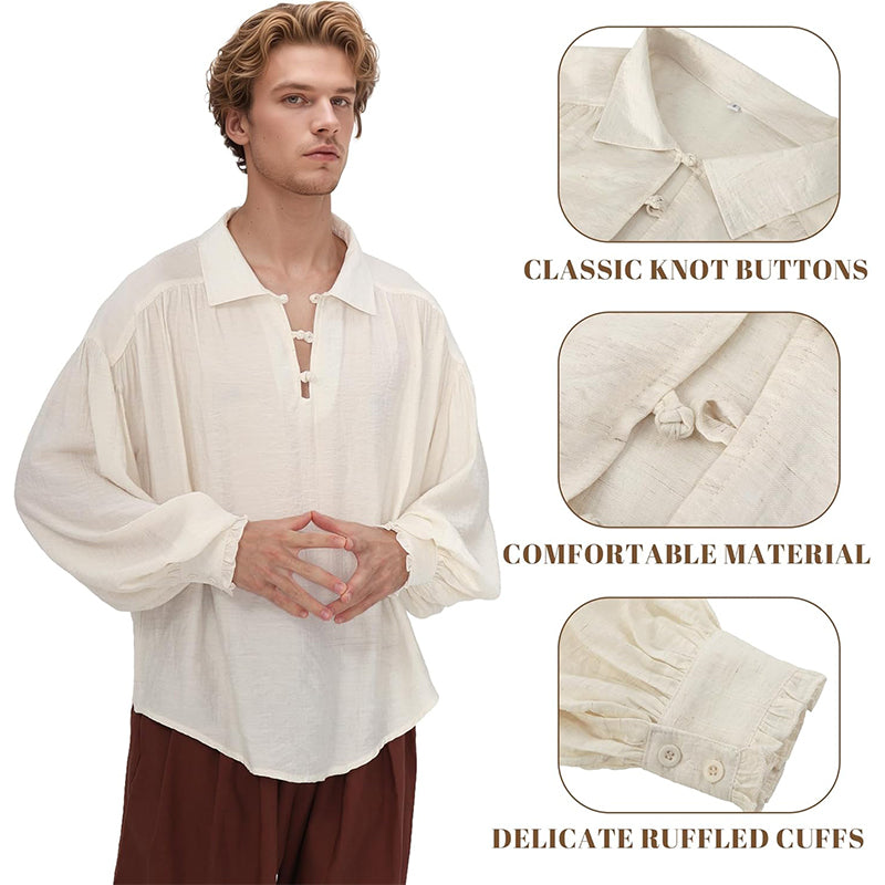 Men Medieval Renaissance Shirt V-Neck With Knot Button Long Sleeves Shirt Pirate Viking Costume Shirts For Festival Daily Wear