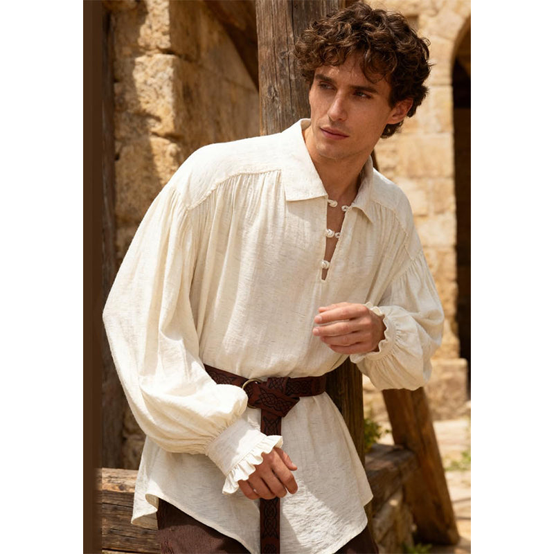 Men Medieval Renaissance Shirt V-Neck With Knot Button Long Sleeves Shirt Pirate Viking Costume Shirts For Festival Daily Wear