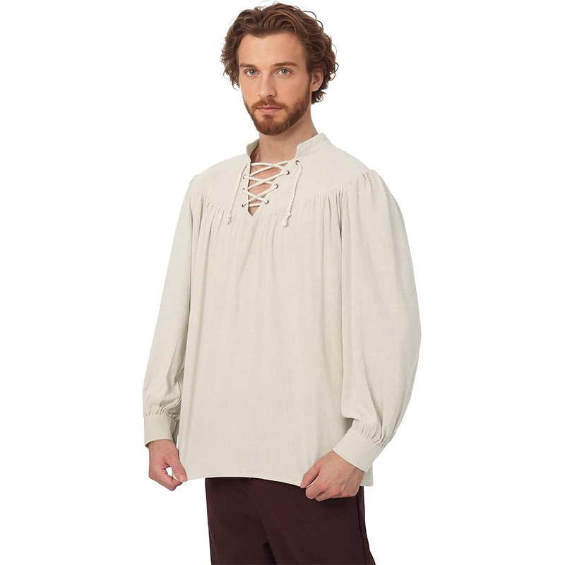 Men Medieval Shirts Pirate Viking Loose Shirt Vampire Renaissance Linen Tunic Lace-Up V-Neck Long Sleeves Shirt Cosplay Costume Shirt