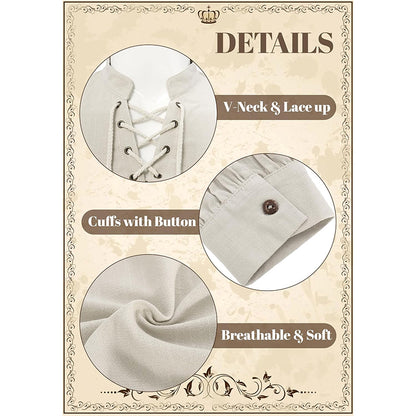 Men Medieval Shirts Pirate Viking Loose Shirt Vampire Renaissance Linen Tunic Lace-Up V-Neck Long Sleeves Shirt Cosplay Costume Shirt