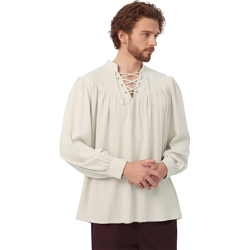 Men Medieval Shirts Pirate Viking Loose Shirt Vampire Renaissance Linen Tunic Lace-Up V-Neck Long Sleeves Shirt Cosplay Costume Shirt
