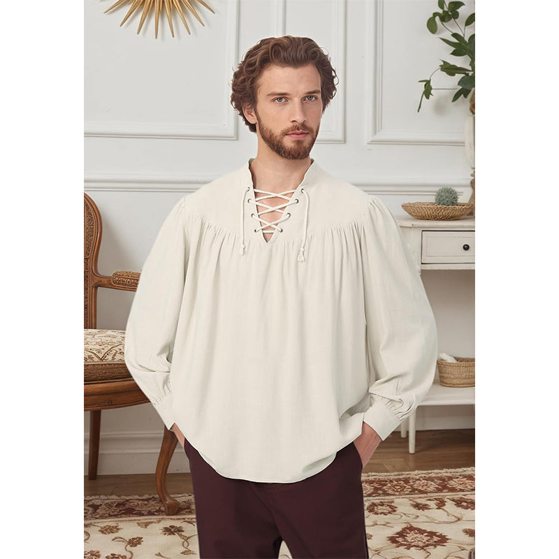 Men Medieval Shirts Pirate Viking Loose Shirt Vampire Renaissance Linen Tunic Lace-Up V-Neck Long Sleeves Shirt Cosplay Costume Shirt