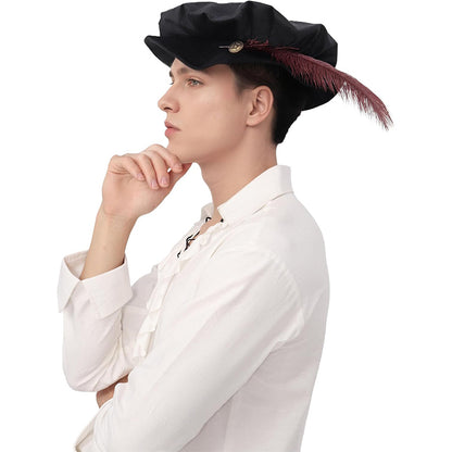 Men Medieval Tudor Hat Renaissance Beret Hat With Feather Cosplay Cap Hat Costume Accessories