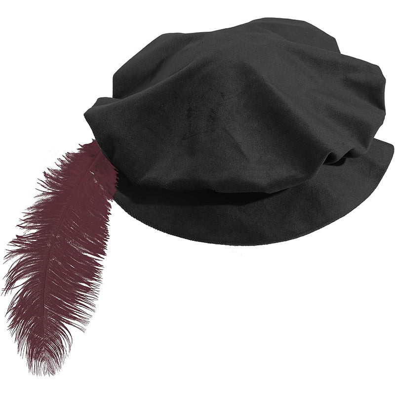 Men Medieval Tudor Hat Renaissance Beret Hat With Feather Cosplay Cap Hat Costume Accessories
