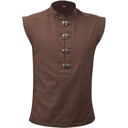 Men Medieval Tunic Sleeveless Shirt Renaissance Linen Pirate Shirt With Retro Button Cosplay Shirt For Party Daily Wear