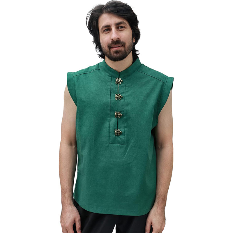 Men Medieval Tunic Sleeveless Shirt Renaissance Linen Pirate Shirt With Retro Button Cosplay Shirt For Party Daily Wear