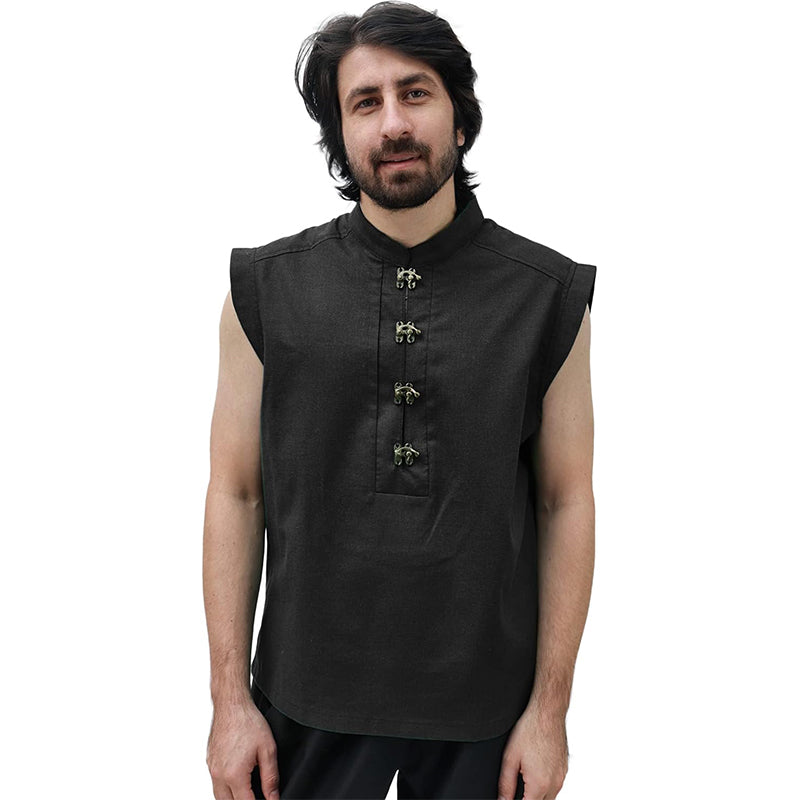 Men Medieval Tunic Sleeveless Shirt Renaissance Linen Pirate Shirt With Retro Button Cosplay Shirt For Party Daily Wear