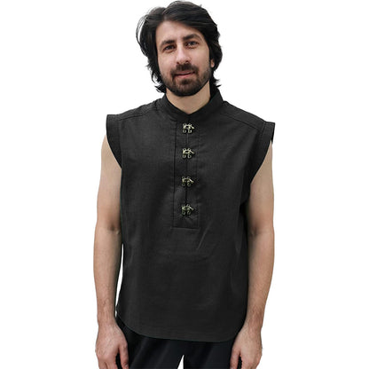 Men Medieval Tunic Sleeveless Shirt Renaissance Linen Pirate Shirt With Retro Button Cosplay Shirt For Party Daily Wear