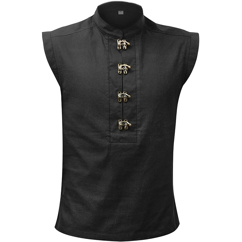 Men Medieval Tunic Sleeveless Shirt Renaissance Linen Pirate Shirt With Retro Button Cosplay Shirt For Party Daily Wear