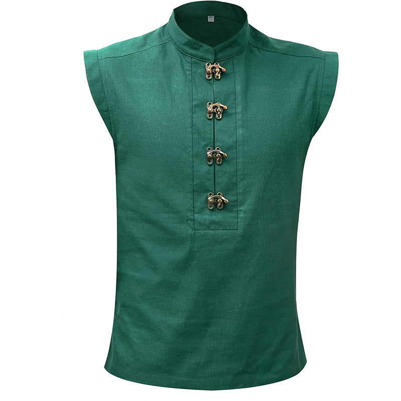 Men Medieval Tunic Sleeveless Shirt Renaissance Linen Pirate Shirt With Retro Button Cosplay Shirt For Party Daily Wear