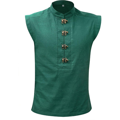 Men Medieval Tunic Sleeveless Shirt Renaissance Linen Pirate Shirt With Retro Button Cosplay Shirt For Party Daily Wear