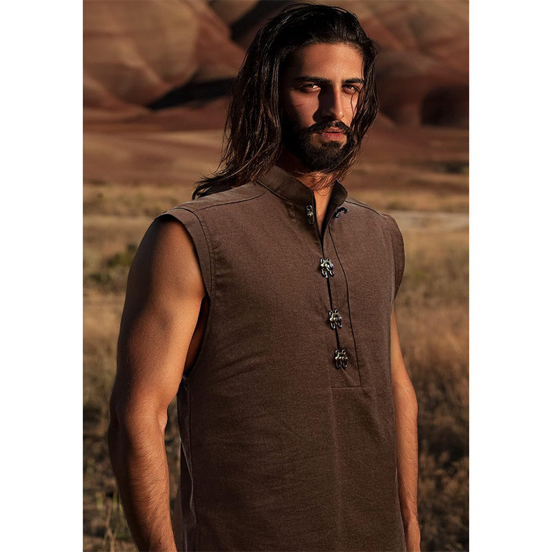 Men Medieval Tunic Sleeveless Shirt Renaissance Linen Pirate Shirt With Retro Button Cosplay Shirt For Party Daily Wear