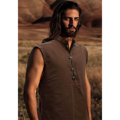 Men Medieval Tunic Sleeveless Shirt Renaissance Linen Pirate Shirt With Retro Button Cosplay Shirt For Party Daily Wear