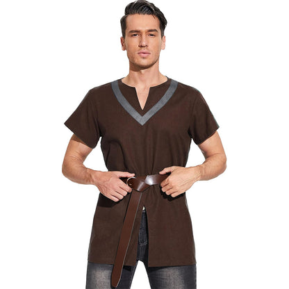 Men Medieval Tunic With Belt Short Sleeves Linen Undershirt Ren Fair LARP Pirate Shirt For Halloween Party Daily Wear