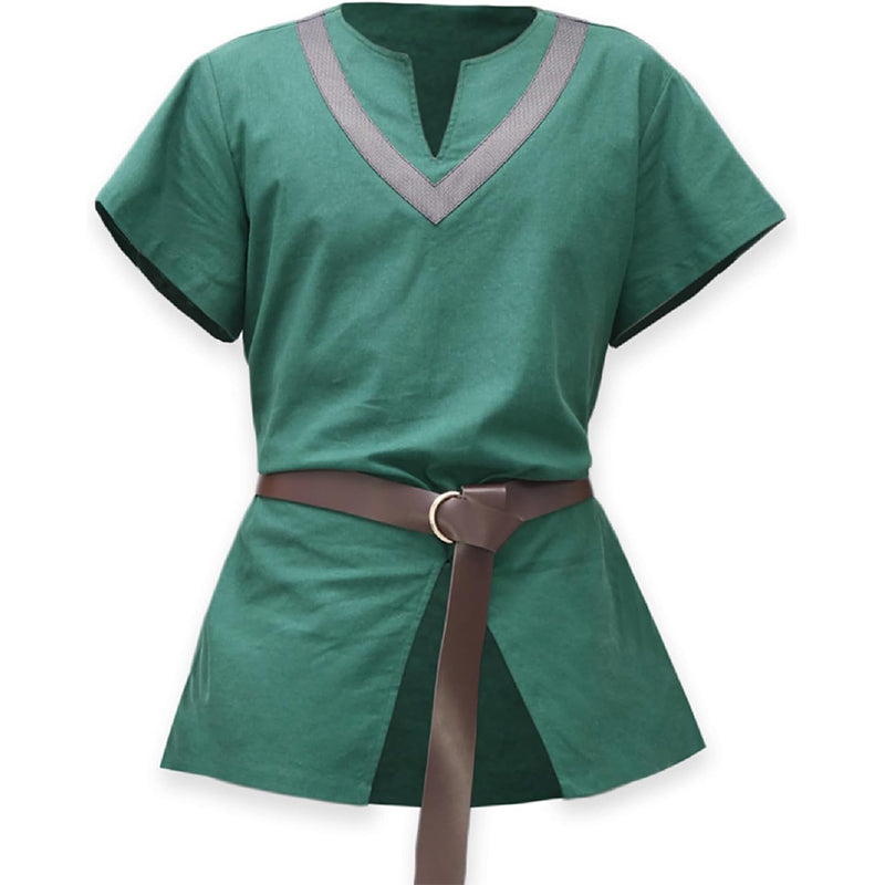 Men Medieval Tunic With Belt Short Sleeves Linen Undershirt Ren Fair LARP Pirate Shirt For Halloween Party Daily Wear
