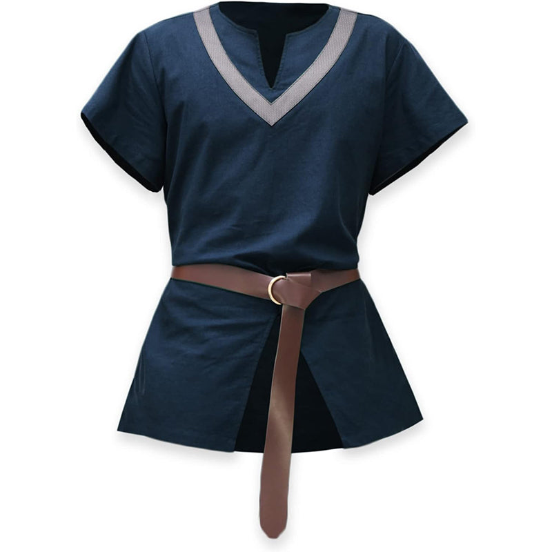 Men Medieval Tunic With Belt Short Sleeves Linen Undershirt Ren Fair LARP Pirate Shirt For Halloween Party Daily Wear