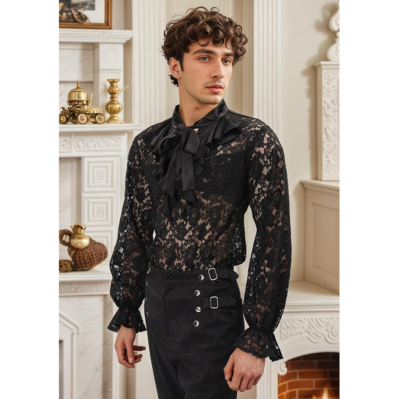 mens black lace dress shirt Sheer Ruffled Lace Shirt